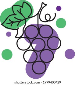 imagen vectorial de las uvas de la serie "frutos de contorno" con un contorno negro delgado, círculos de color en el fondo


