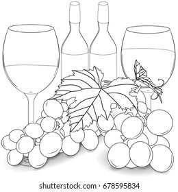Vector image of a grapevine, glasses and wine bottles.