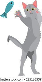 vector image of a gray kitten that stands on its hind legs and catches a toy fish. Pets, funny kitten, childhood