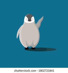 Vector image of a gray penguin happily waving its paw. The baby penguin greeting with a paw gesture.