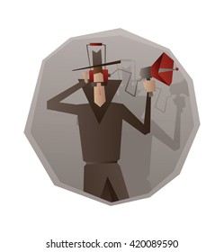 Vector image of a gray round frame with cartoon image of a spy in a black coat, hat and sunglasses with the device for wiretapping in hand in the center on a white background. Surveillance, paranoia.