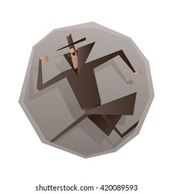 Vector image of a gray round frame with cartoon image of a spy in a black coat, hat and sunglasses running somewhere in the center on a white background. Espionage, surveillance, paranoia. 