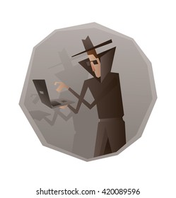 Vector image of a gray round frame with cartoon image of a spy in a black coat, hat and sunglasses with black laptop in his hands in the center on a white background. Espionage, surveillance, paranoia