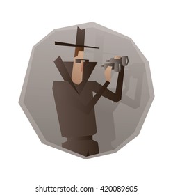 Vector image of a gray round frame with cartoon image of a spy in a black coat, hat and sunglasses looking through binoculars in his hands in the center on a white background. Surveillance, paranoia.