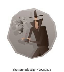 Vector image of a gray round frame with cartoon image of a spy in a black coat, hat and sunglasses with a flying spy drone near in the center on a white background. Surveillance, paranoia.
