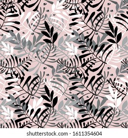 Vector image of gray, white and black twigs and leaves, as well as looking eyes on a cream background. Seamless background for wallpaper, textile and wrapping paper.