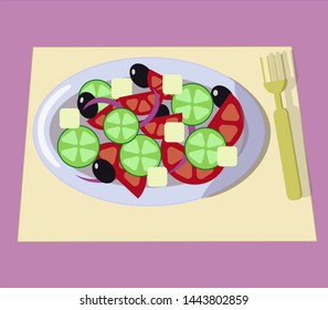 Vector image of greek salad with tomatoes, cucumbers, onions, cheese and olives on the plate. Healthy food. Vegetarian meal.