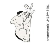 Vector image of greek statue torso. Man body in antique or ancient style. Sliced sculpture from greece. Stone or marble fragment of classical monument. History and isolated art design. Olive branch