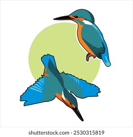 vector image of a green blue colored kingfisher perched and flying