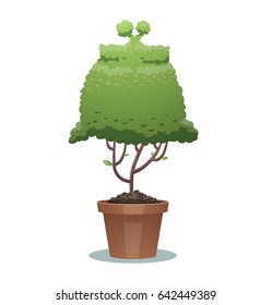 Vector image of a green bonsai tree in the form of a purse in a brown pot on a white background. Business, icon, finance, office, nature, gardening. Vector illustration.