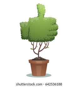Vector image of a green bonsai tree in the form of a thumb up in a brown pot on a white background. Business, icon, finance, office, nature, gardening. Vector illustration.