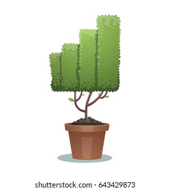 Vector image of a green bonsai tree in the form of a rising chart in a brown pot on a white background. Business, icon, finance, office, nature, gardening. Vector illustration.