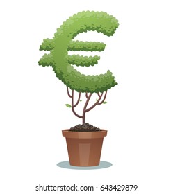 Vector image of a green bonsai tree in the form of an euro sign in a brown pot on a white background. Business, icon, finance, office, nature, gardening. Vector illustration.