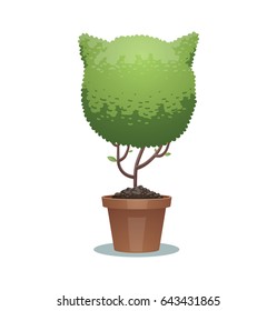 Vector image of a green bonsai tree in the form of a cat's head in a brown pot on a white background. Animals, icon, zoo, wildlife, nature, gardening. Vector illustration.