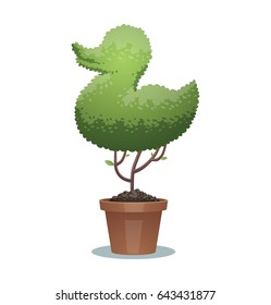 Vector image of a green bonsai tree in the form of a duck in a brown pot on a white background. Animals, icon, zoo, wildlife, nature, gardening. Vector illustration.