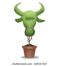 Vector image of a green bonsai tree in the form of a bull's head in a brown pot on a white background. Animals, icon, zoo, wildlife, nature, gardening. Vector illustration.