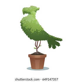 Vector image of a green bonsai tree in the form of an eagle in a brown pot on a white background. Animals, icon, zoo, wildlife, nature, gardening. Vector illustration.