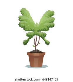 Vector image of a green bonsai tree in the form of a butterfly in a brown pot on a white background. Animals, icon, zoo, wildlife, nature, gardening. Vector illustration.