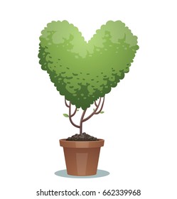 Vector image of a green bonsai tree in the form of a heart in a brown pot on a white background. Social network, icon, feeling, love, nature, gardening. Vector illustration.