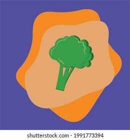 Vector image of a green broccoli  with a twig and a leaf with a shadow and glare on a green  isolated background.