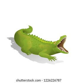 Vector image. Green cartoon crocodile gaped. Imitation of watercolor.