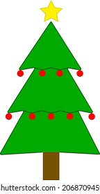 Vector image of a green Christmas trees with brown stem, yellow star and red spheres.