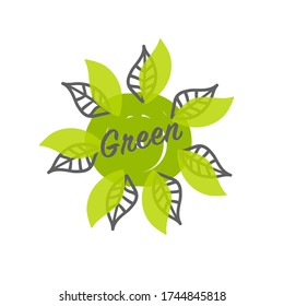 Vector image of a green circle drawn by hand with contour dark and green leaves along the contour, in the center is the inscription green. Logo, stamp, template for natural, organic, bio, eco, farm.