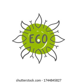 Vector image of a green circle drawn by hand with abstract leaves and branches along the contour, in the center there is an eco inscription. Logo, stamp, template for natural, organic, bio, eco, farm.