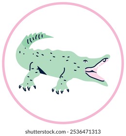 Vector image of green crocodile icon inside a circle with pink line