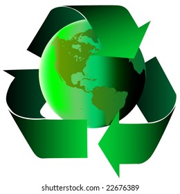 Vector image of green earth surrounded with recycle arrows