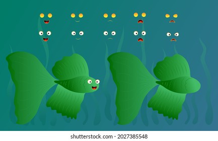 Vector image with green fish and emotions for games, paper design, fabric and web