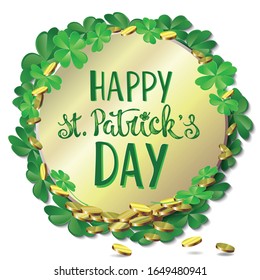 Vector image of a green frame of clover with the words "Happy for St. Patrick" on a white background.