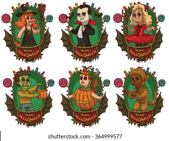 Vector image of green frames with bat wings, candies, spiders, banners and with cartoon images of children in various Halloween costumes on white background. Holiday, Halloween. Vector illustration.