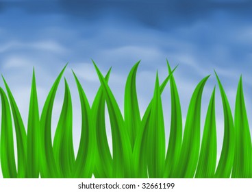 Vector image of green grass over blue gradient mesh sky