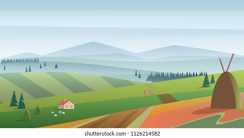 Vector image of green hills and meadow with farmhouse against blue mountains in haze. Morning fog field landscape.