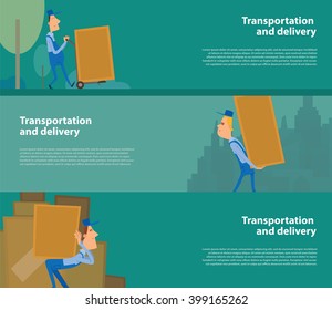 Vector image of green horizontal banners. Horizontal banners with men porters. Cartoon men porters delivering large yellow boxes. Transportation and delivery. Vector banners with men porters.