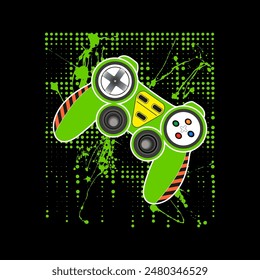 vector image with green joystick, paint marks and circles