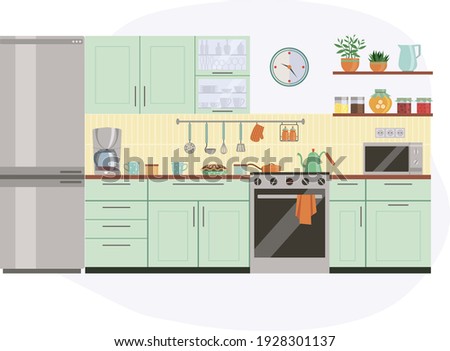 Vector image. Green kitchen with utensils and appliances.