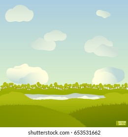 Vector image. Green meadow, lake and clouds. Bright green field on a summer day.