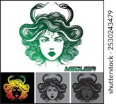 Vector image of a green Medusa face and Medusa writing design, very suitable for additional design reference