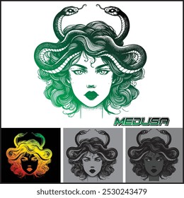 Imagen de Vector de una cara verde de Medusa y diseño de escritura de Medusa, muy adecuado para referencia de diseño adicional