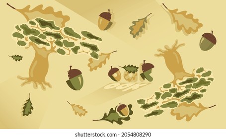 Vector image of an green oak. Illustration of a tree. Autumn illustration with leaves and acorns.
