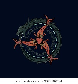vector image of green Ouroboros and three fish on dark background