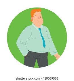 Vector image of a green round frame with cartoon image of a happy overweight man with curly ginger hair in black trousers, light blue shirt and blue tie smiling in the center on a white background.