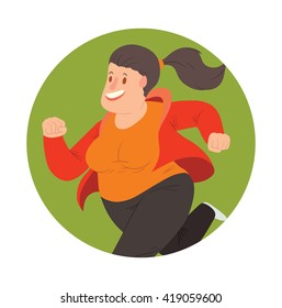 Vector image of a green round frame with cartoon image of a happy overweight woman with long black hair in black pants, orange t-shirt, red jacket running and smiling in the center on white background