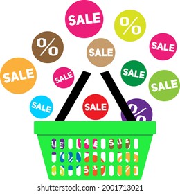 vector image of green shopping cart icon with multycolors sale labels and percent labels