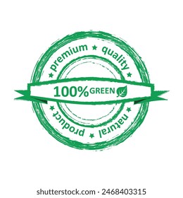 Vector image of the green stamp with the text premium quality natural product, 100% green with the image of the green leaf isolated on the white background. Eco stamp bio product's stamp image.