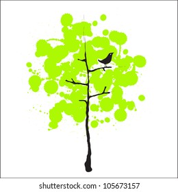 Vector image of a green tree with a bird / Bird and trees
