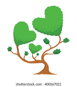 Vector image of a green tree in the shape of three heart symbols. Green foliage of tree in the form of two big hearts and one little. Tree in the form of hearts. Valentine's Day. Vector illustration.
