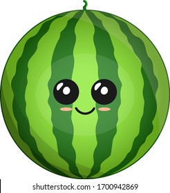 Vector Image Of A Green Watermelon, With Cute Eyes And A Smile, Isolated On White Background